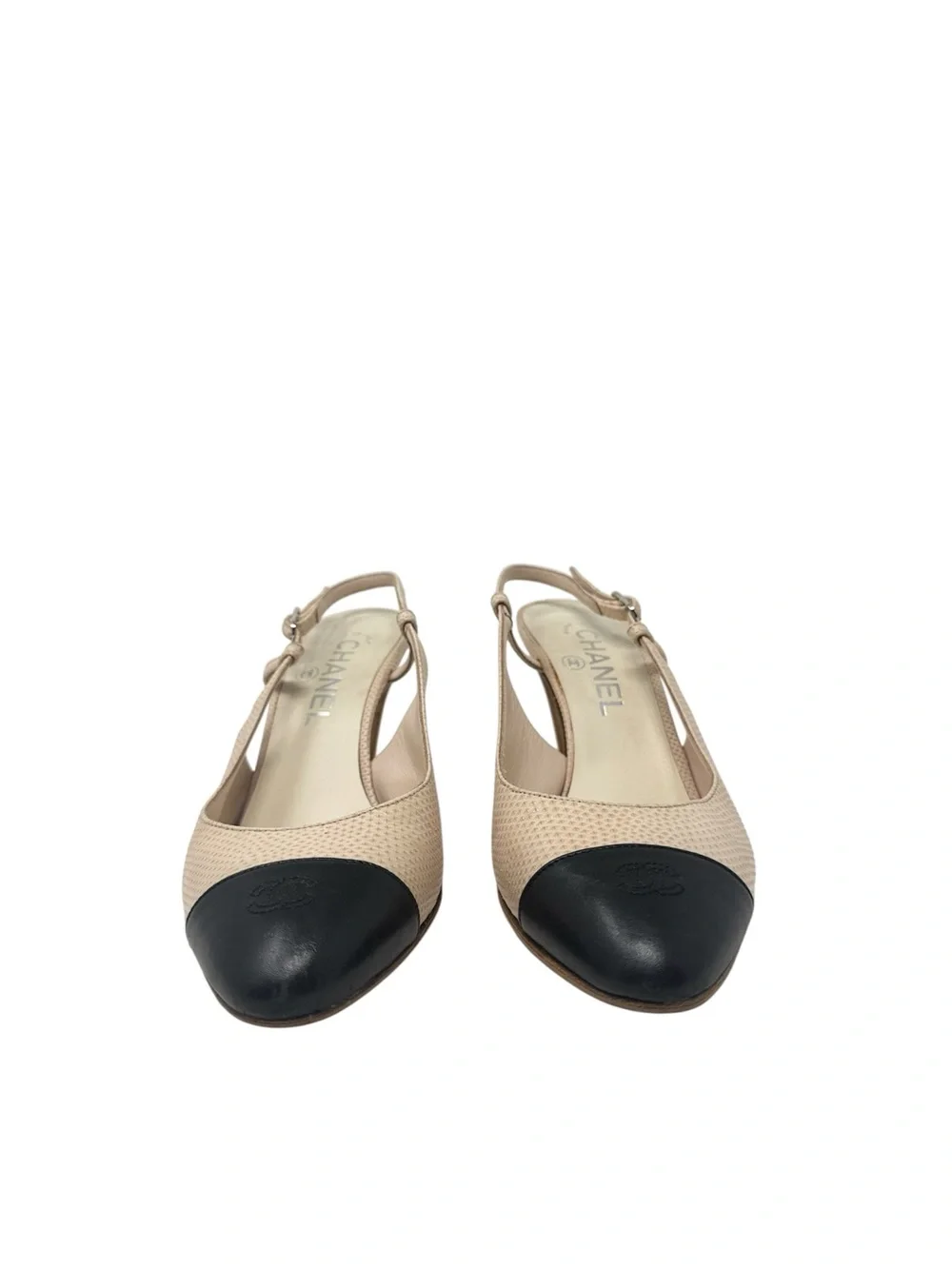 Chanel Cap Toe CC Rare Leather Lizard Slingback Beige Black Pumps Size 37.5